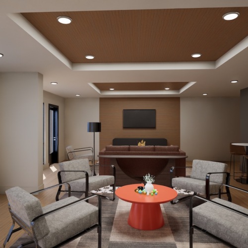 a clubroom with tables and chairs