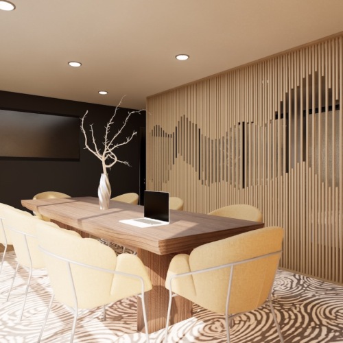 a room with a table and chairs