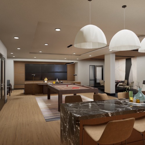 a clubroom with a pool table, tables and chairs