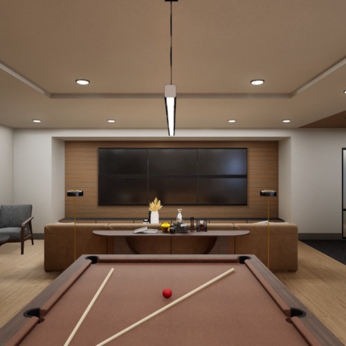 a lounge with a pool table and a tv