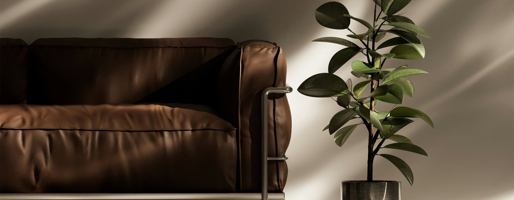 a couch in a living room with a plant